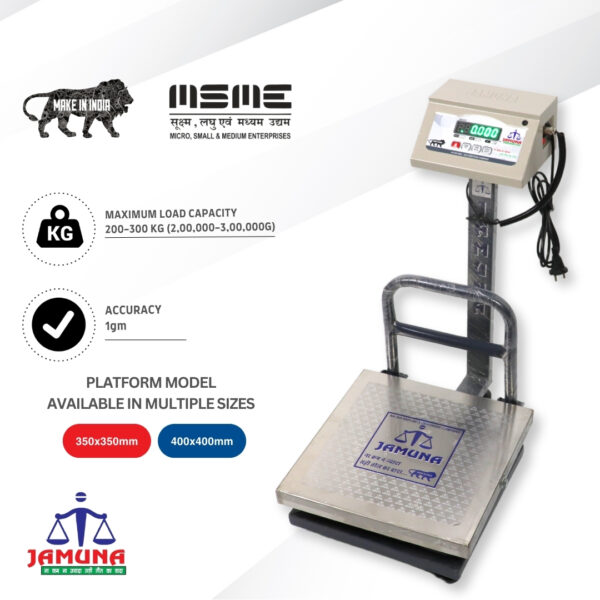 Weight Capacity 200-300kg x 50g Accuracy,Chargeable Digital Weighing Machine/Electronic Weighing Scale with Front Back Double Green Display, Stainless Steel Pan size 350mm. x 400mm.